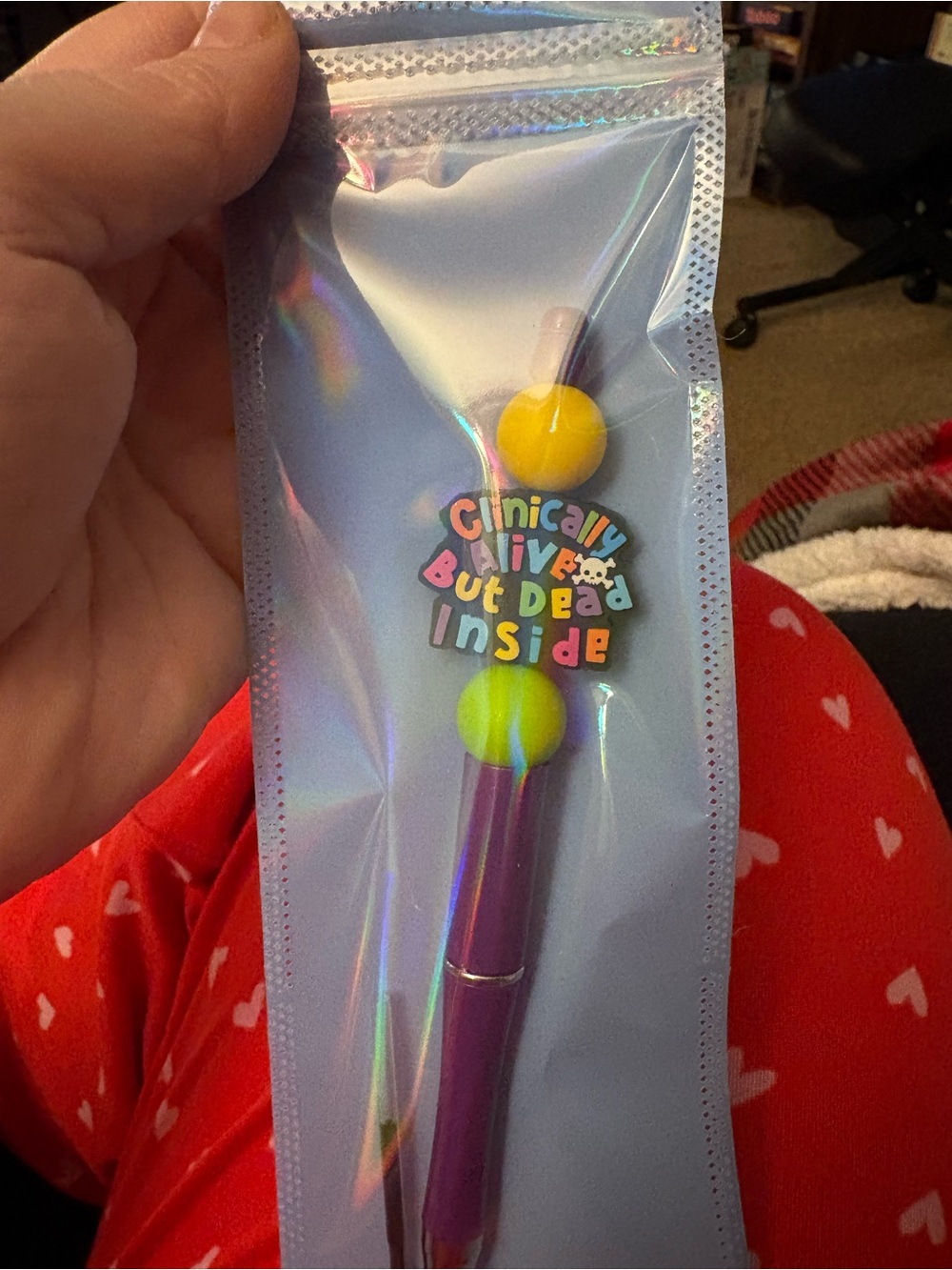 Kids Purple Pen with Yellow Bead Accent - 'Clinically Alive But Dead Inside'